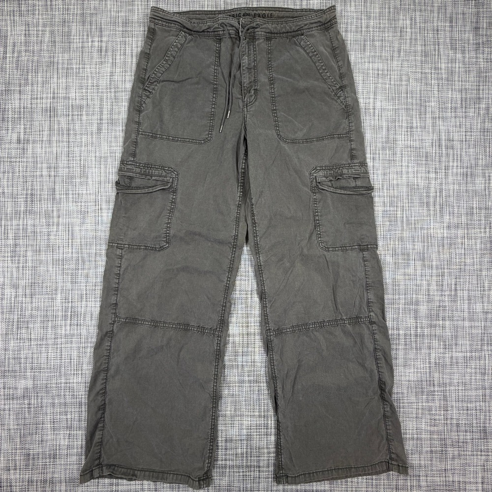 American Eagle Women Easy Wide Leg Cargo Pants Gray Lyocell Stretch 12 Regular